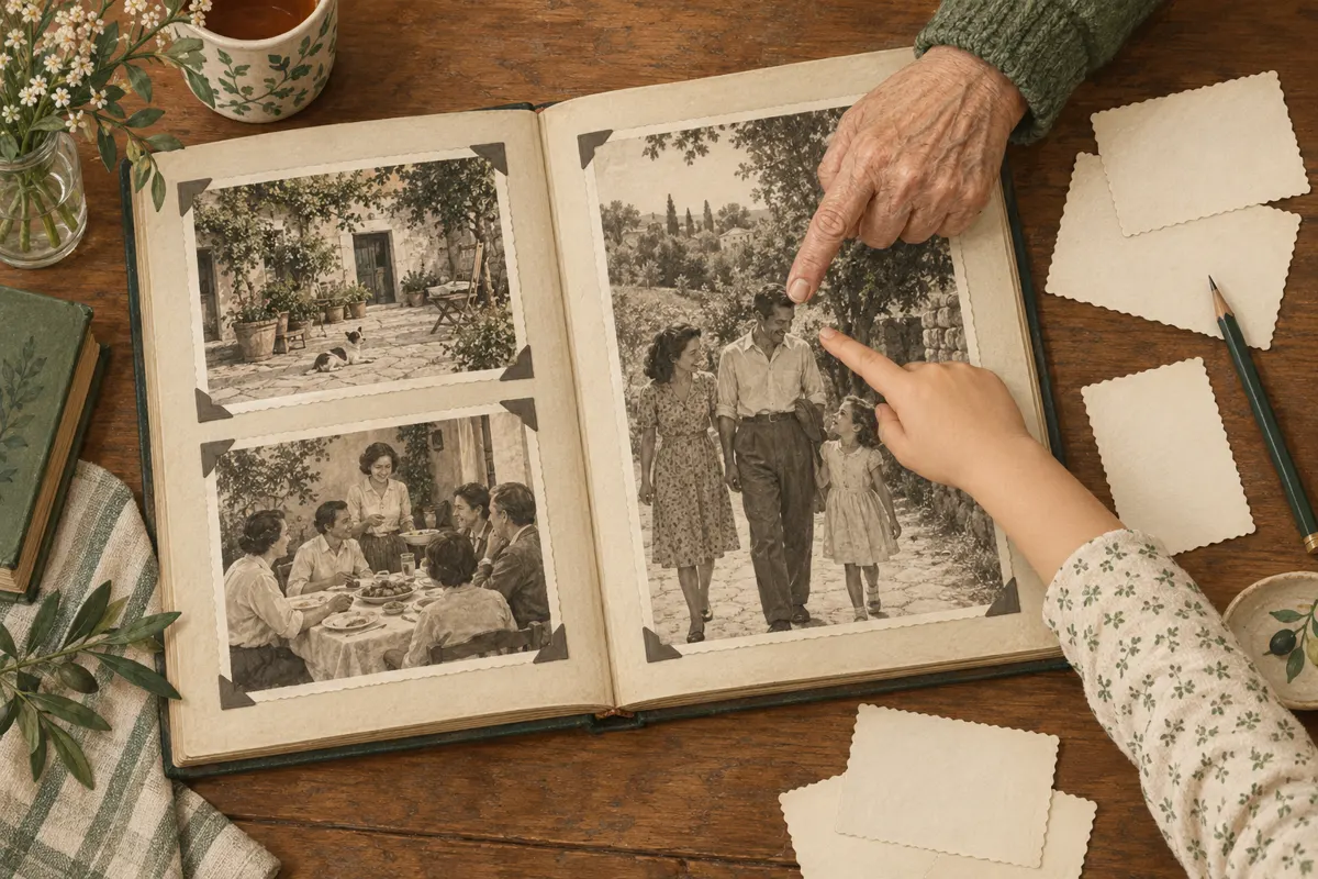 Ilustracja dłoni dwóch pokoleń oglądających rodzinne fotografie przy otwartym albumie i pustych kartach opisu.