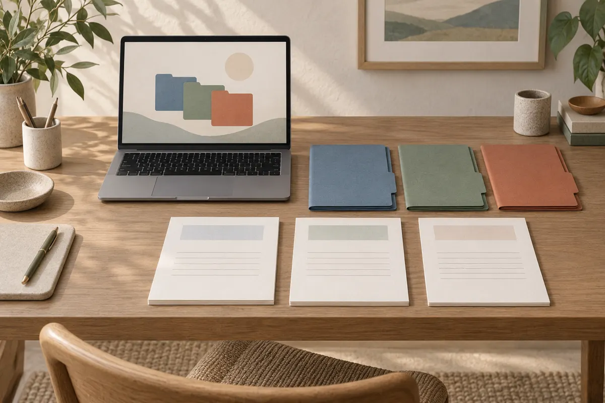 Ilustracja uporządkowanych materiałów do nauki: laptop, teczki i kartki na biurku.