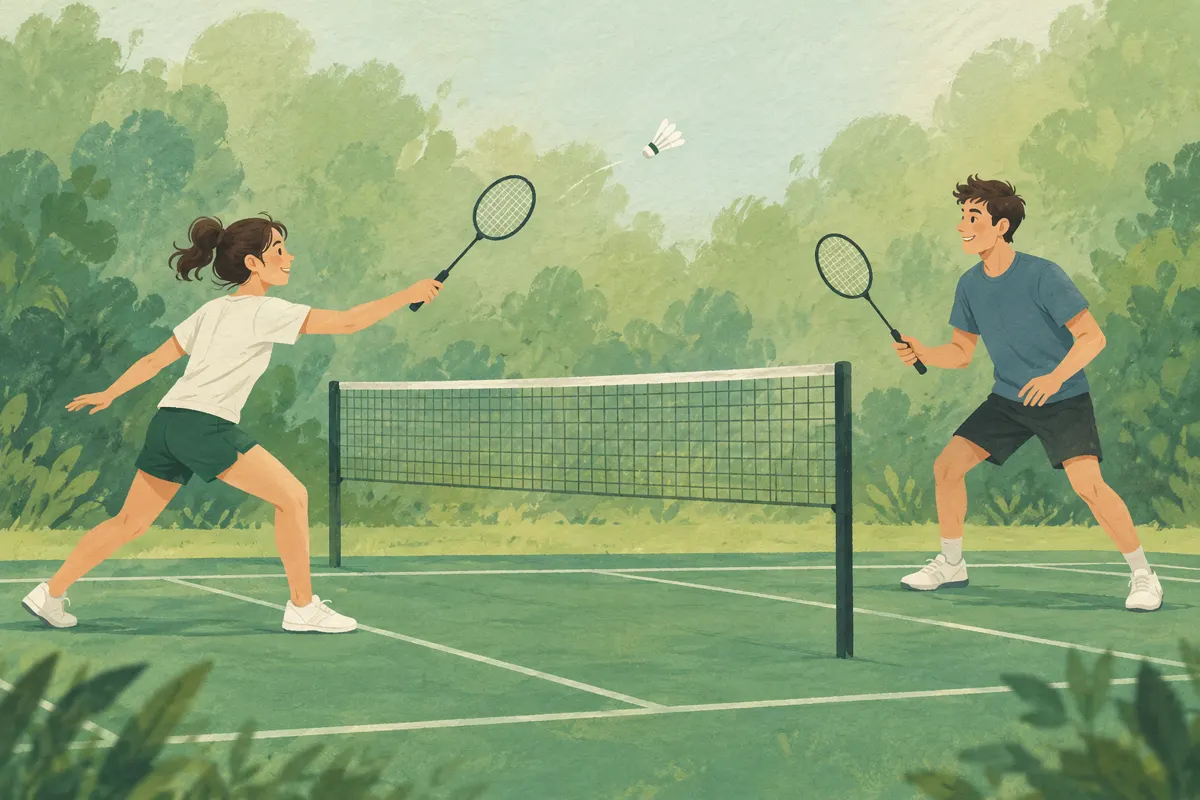 Ilustracja dwóch osób grających rekreacyjnie w badmintona na świeżym powietrzu.
